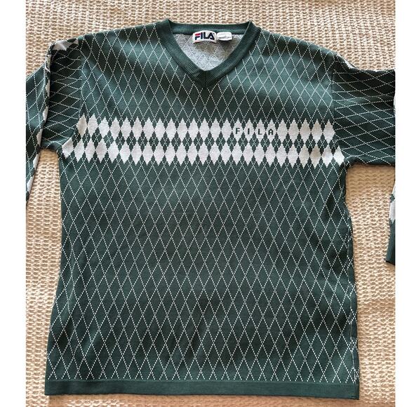 Vintage Fila Argyle Sweater Mens XL Green White V Neck Knit Pullover - Picture 4 of 9